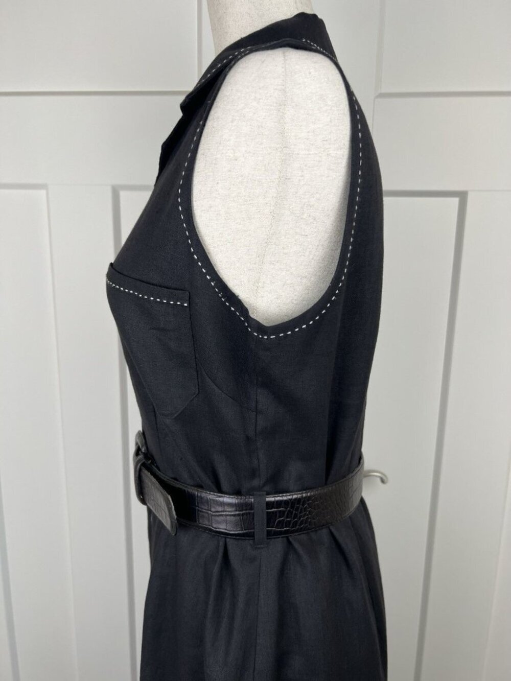 Vintage Harold’s Linen Shirt Dress Black Ivory Stitch Belted Midi Size 6 Sleek - Picture 6 of 16
